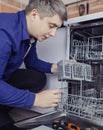 Dishwasher repair. A service center representative diagnoses and repairs a dishwashing machine at home. Specialist in working with Royalty Free Stock Photo