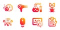 Dishwasher timer, Chemistry lab and Hair dryer icons set. Winner medal, Scroll down and No internet signs. Vector