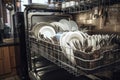 dishwasher working hard, with racks full of clean and dirty dishes