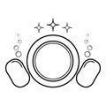 Dishwashing concept Clearing dishes Plate Washcloth Sponge Bubbles Clean kitchen idea icon outline black color vector