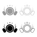 Dishwashing concept Clearing dishes Plate Washcloth Sponge Bubbles Clean kitchen idea icon outline set black grey color vector