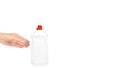 Dishwashing Detergent dispenser bottle in hand isolated on white background. Housework and sanitary concept. copy space, template