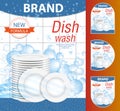 Dishwashing liquid products with plates stack in bubbles. Bottle label package design. Dish wash advertisement poster layout. Vect Royalty Free Stock Photo