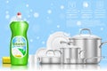 Dishwashing liquid soap ad, vector realistic illustration