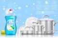 Dishwashing liquid soap ad, vector realistic illustration