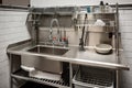 dishwashing station with industrial sink and drainage, roll-up drying rack, and sanitizer spray bottle