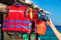 The group of colourfull life jackets