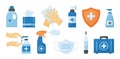 Disinfect gel bottle, alcogol spray and soap, antiseptic medical vector icon, antibacterial liquid, protective mask, wet wipes. Royalty Free Stock Photo