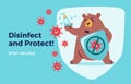 Disinfect, protect, stop virus concept for kids. Washing hands and using hand sanitizers. Cute bear cartoon holds shield and soap