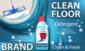 Disinfectant cleaner for washing floors. Clean floor shiny. Mop cleaning. Package design realistic illustration water splash. Royalty Free Stock Photo