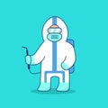 Disinfectant sprayer in white and blue PPE personal protective equipments clothes with light blue background vector illustration