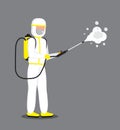 Disinfectant worker is wearing protective mask and suit. Man is carrying gas cylinder for disinfection of area. Toxic and