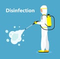 Disinfectant worker is wearing protective mask and suit. Man is carrying gas cylinder for disinfection of area. Toxic and Royalty Free Stock Photo