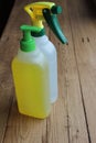 Disinfectants and detergents in plastic bottles.