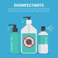 Disinfectants. Gel sanitizer, liquid soap and spray in a flat design