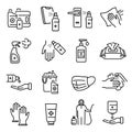 Disinfection, cleaning, sanification thin line icons set isolated on white. Antiseptic, cleanser, gloves.