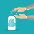 Disinfection concept. Liquid soap with pumping from bottle. Applying a moisturizing sanitizer. Man washing hands