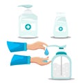 Disinfection. Hand hygiene. Hand sanitizer set, washing gel, spray, Vector illustration. For infographics, banners, campaigns, pos