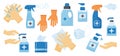 Disinfection. Hand hygiene. Set of hand sanitizer bottles, face medical mask, washing gel, spray, wet wipes, liquid soap, rubber