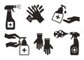 Disinfection. Hand hygiene. Set of hand sanitizer bottles, washing gel, spray, liquid soap, rubber gloves. Black icons. PPE