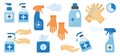 Disinfection. Hand hygiene. Set of hand sanitizer bottles, washing gel, spray, wet wipes, liquid soap, rubber gloves, napkins.