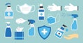 Disinfection. Hand hygiene. Set of hand sanitizer bottles, washing gel, spray, wipes, liquid soap, gloves. PPE personal protective