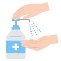 Disinfection. Hand sanitizer spray bottle and human hands illustration. Health care and hygiene concept Royalty Free Stock Photo