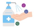 Disinfection. Hand sanitizer spray bottle and virus illustration. Health care and hygiene concept Royalty Free Stock Photo