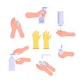 Disinfection. Hand wash steps, drying hands and hygiene. Sanitation spray washing soap gel and sanitize bottle. Virus