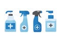 Disinfection. Hygiene. Hand sanitizer bottles, antiseptic, washing gel, spray, liquid soap. Vector