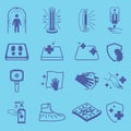 Disinfection icons. Cleaning and sanitizer surface, wash hand gel, UV lamp, sanitizing mat, thermographic camera, antiviral cover