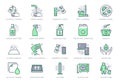 Disinfection line icons. Vector illustration included icon as spray bottle, floor cleaning mop, wash hand gel, autoclave