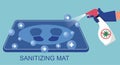 Disinfection mat with footprint sign in flat design. Sanitizing mat to clean Covid-19 coronavirus infection on shoes.
