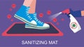 Disinfection mat with footprint sign in flat design. Sanitizing mat to clean Covid-19 coronavirus infection on shoes.