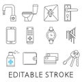 Disinfection and cleaning icons. Coronavirus, virus prevention line icons. A set of  pictograms explaining which items need Royalty Free Stock Photo