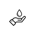 Disinfection protection measures icon. Drop water in hand icon line. Moisturizing oil icon. Stylized palm of a man, wash hands.