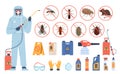 Disinfection service. Man in uniform. Antiparasitic chemicals. Insect and rodent control worker with insecticidal Royalty Free Stock Photo