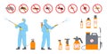 Disinfection service. Pests treatment. Workers in protective uniform sprayed toxin and poison. Disinsection and