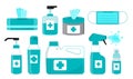Disinfection set vector. Body hygiene illustration. Hand sanitizer bottles, surgical mask, antiseptic gel are shown. Spray bottle