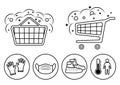 Disinfection of shopping trolley handles. Sanitizing basket of food. Hand sanitizing and temperature check station. Shoe covers.
