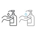 Disinfection soap with hand line and color line icon, wash and hygiene, hand soap sign, vector graphics, a linear