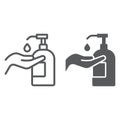 Disinfection soap with hand line and glyph icon, wash and hygiene, hand soap sign, vector graphics, a linear pattern on Royalty Free Stock Photo