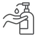 Disinfection soap with hand line icon, wash and hygiene, hand soap sign, vector graphics, a linear pattern on a white