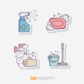 disinfection spray, soap bar and bubble, Washing hand, cleaning Bucket and broom. Clean and disinfect sticker set icon. Vector