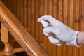 Disinfection of stairs railing.Deep cleaning for Covid-19 disease prevention. alcohol,disinfectant spray on Wipes of infection Royalty Free Stock Photo