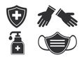 Disinfection vector set. Virus prevention icons. Face medical mask, gloves, hand sanitizer bottle. Black silhouetes on white