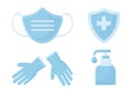 Disinfection. Virus prevention icons. Face medical mask, gloves, hand sanitizer bottle. Medical insurance. Vector