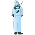 Disinfector in a mask and protective suit in blue. Color vector illustration. It processes air from coronavirus infection COVID-19