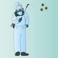 Disinfector in a mask and protective suit in blue. Color vector illustration. Processes air from viruses. Coronavirus Covid-19.