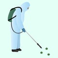 Disinfector in a mask and protective suit. Vector illustration. The specialist disinfects the air from the coronavirus infection